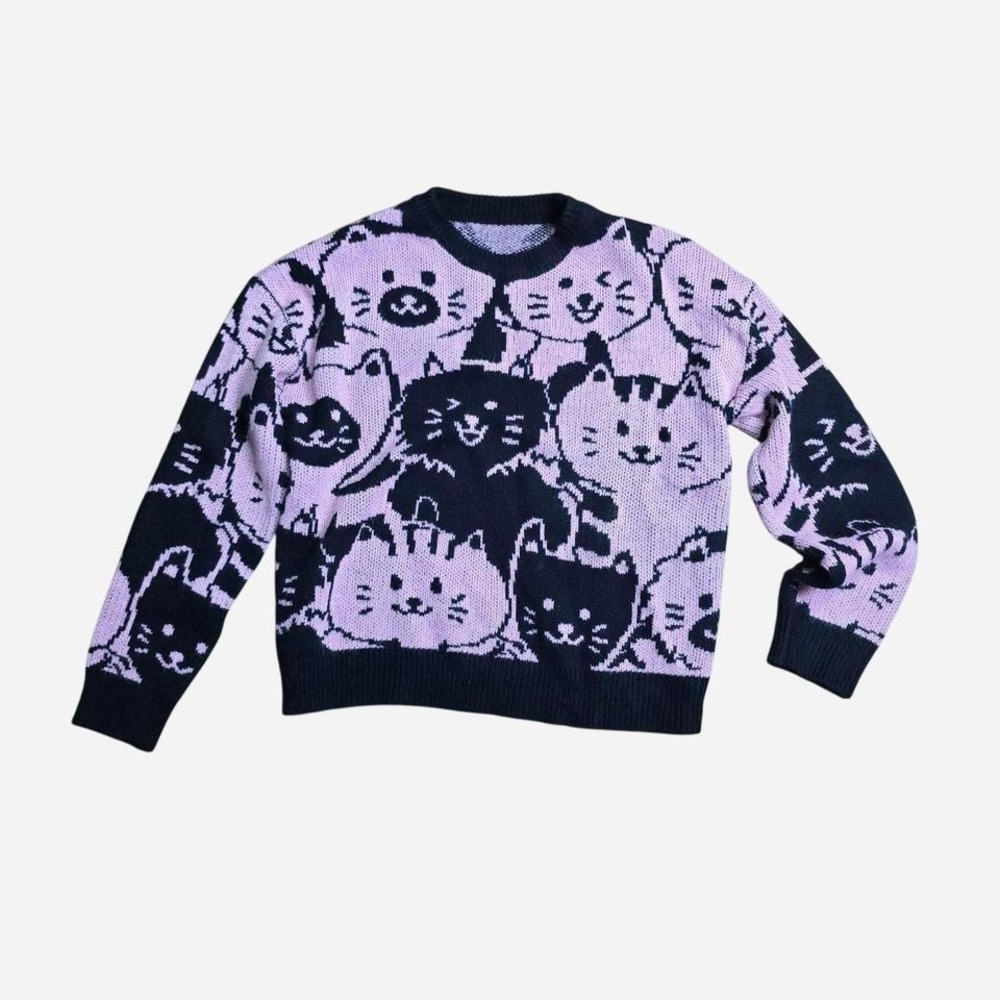 SHEIN Womens Purple Black All Over Cat Print Knit Crewneck Sweater Size S‎ Small